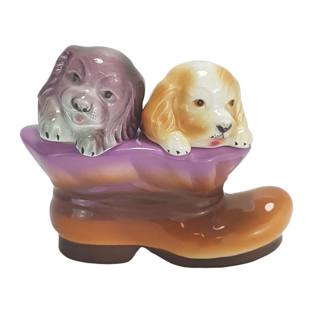 Vintage PY JAPAN Salt and Pepper Shakers Dogs in Boot Anthropomorph Puppies Pets